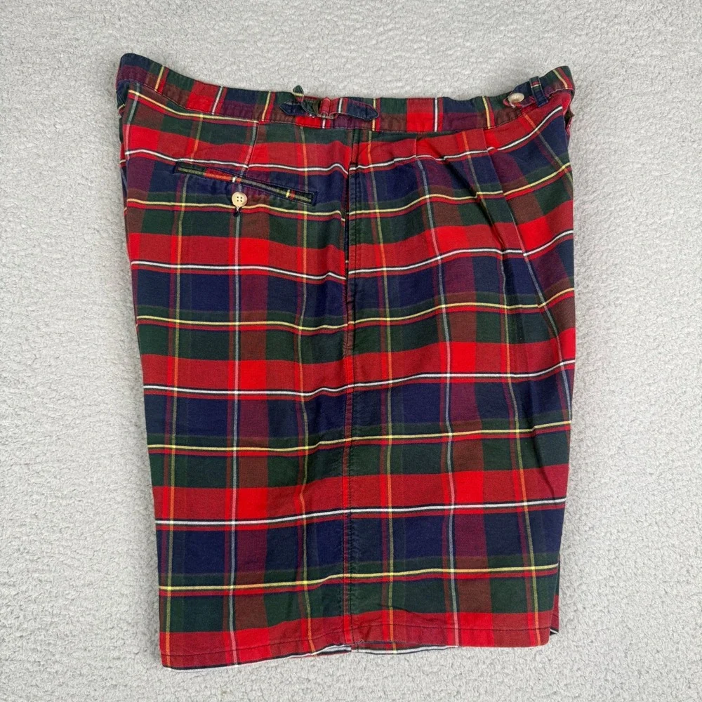 VTG Polo Ralph Lauren Shorts Mens 38 Red Tartain Plaid Pleated Chino USA Made